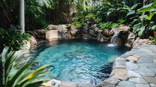 Geothermal pool with a rustic, natural design, surrounded by plants and rocks.