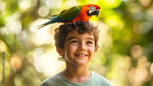 A cheerful boy with curly hair enjoys the presence of a colorful parrot sitting on his head. This playful scene captures the essence of childhood joy and nature. A vibrant image. AI photo