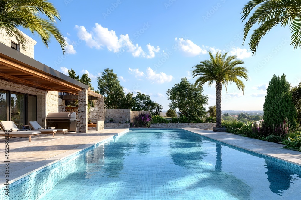 Fototapeta premium Modern Villa With Swimming Pool and Palm Trees in Sunny Landscape