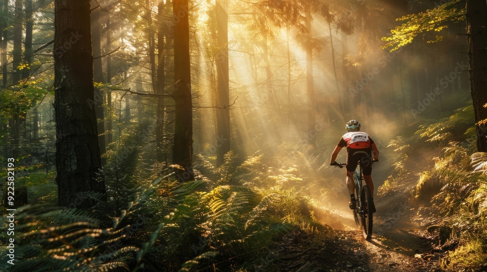 Cyclist Riding Through Sunlit Forest Trail - Adventure, Nature, Exercise, Outdoor Photography Cyclist Riding Through Sunlit Forest Trail - Adventure, Nature, Exercise, Outdoor Photography