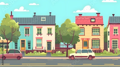 Cartoon Illustration of a Suburban Street with Houses and Cars