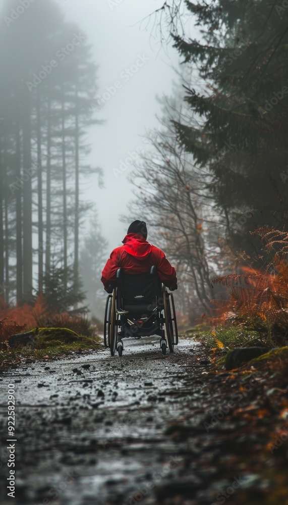 Obraz premium Disabled Athlete Training on Misty Morning Trail in Sports Wheelchair for Motivation and Inspiration