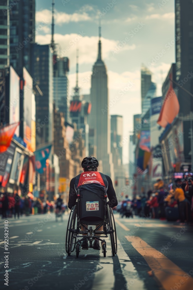 Obraz premium Disabled Athlete Competing in Marathon with City Skyline and Cheering Crowd in Vibrant Urban Setting