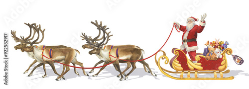 Watercolor Santa Claus in a sleigh with reindeer and Christmas gifts