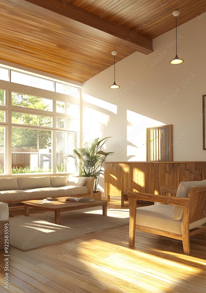 Fototapeta premium Modern Living Room Design With Wood Accent Walls and Natural Light