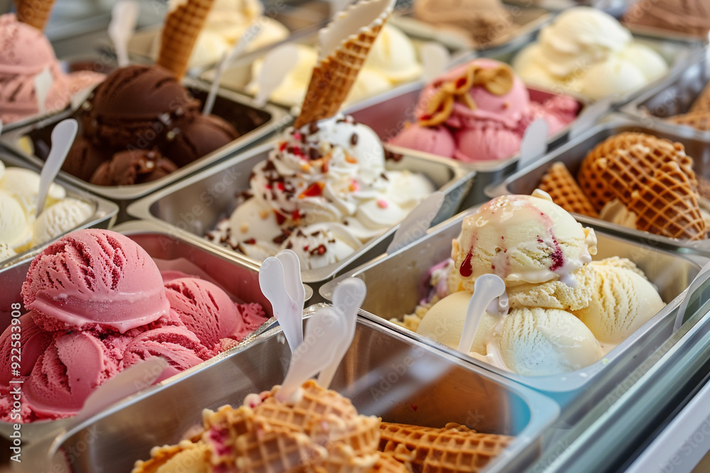 Artisanal ice cream shop scene with a variety of flavors on display, including classic and exotic, in waffle cones and cups Artisanal ice cream shop scene with a variety of flavors on display, including classic and exotic, in waffle cones and cups
