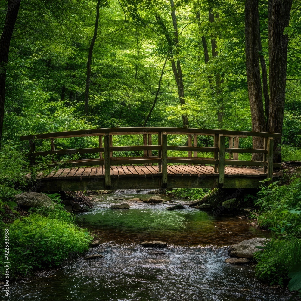 A rustic wooden bridge spanning a stream in the middle of a lush green forest, creating a tranquil nature scene A rustic wooden bridge spanning a stream in the middle of a lush green forest, creating a tranquil nature scene