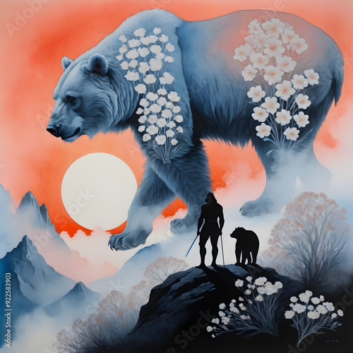 Journey into the past as ancient man faces off against the terrifying cave bear in a dark, smoky landscape illuminated by shimmering white and blue flowers. photo