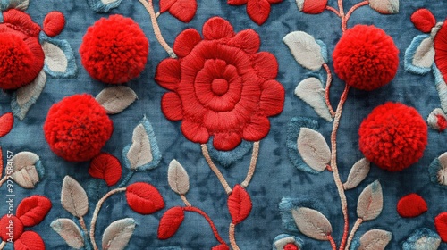 Red pom poms top a blue and red fabric with a floral design, creating a whimsical and detailed textile.