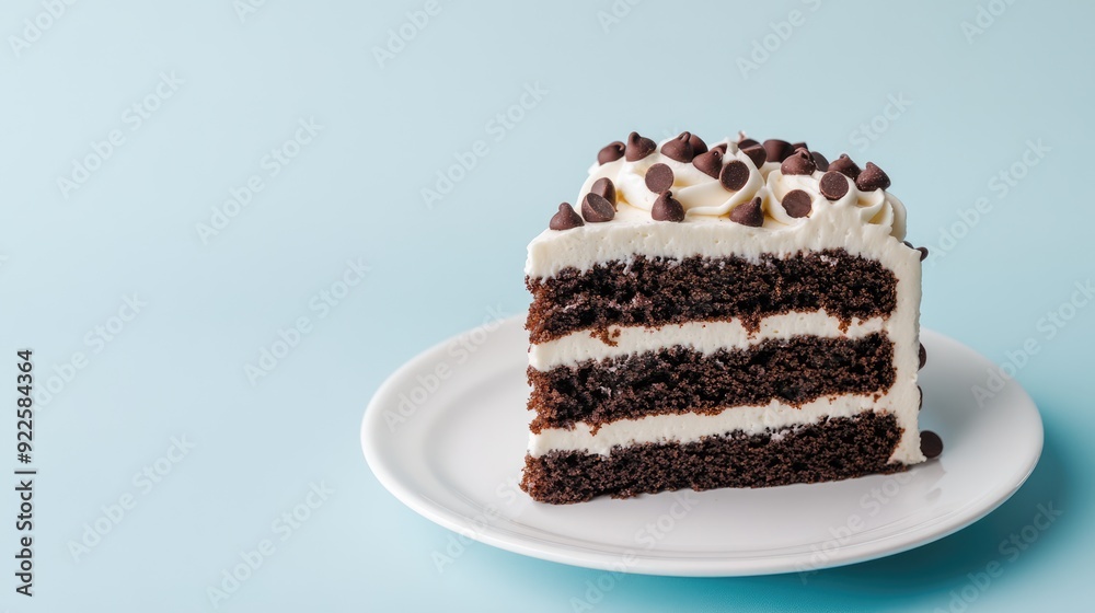 Piece of chocolate cake with vanilla cream and chocolate chips on blue pastel background with copy space Piece of chocolate cake with vanilla cream and chocolate chips on blue pastel background with copy space