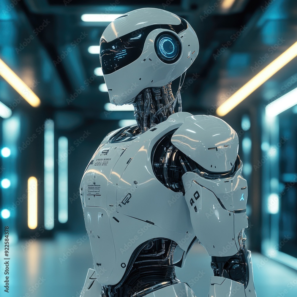 A sleek, futuristic AI humanoid robot standing in a high-tech environment, symbolizing the advancement of robotics A sleek, futuristic AI humanoid robot standing in a high-tech environment, symbolizing the advancement of robotics
