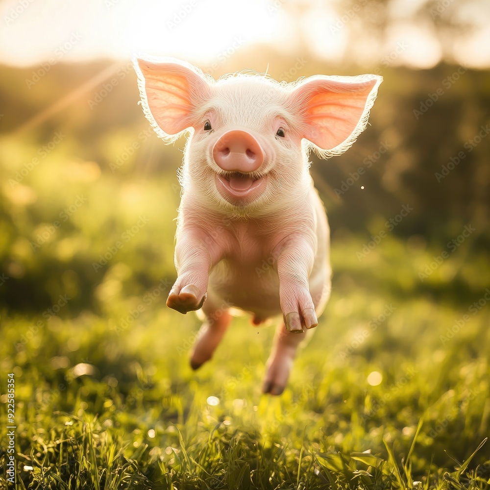 A tiny piglet jumping joyfully in the air, with a big smile and bright sunshine all around A tiny piglet jumping joyfully in the air, with a big smile and bright sunshine all around