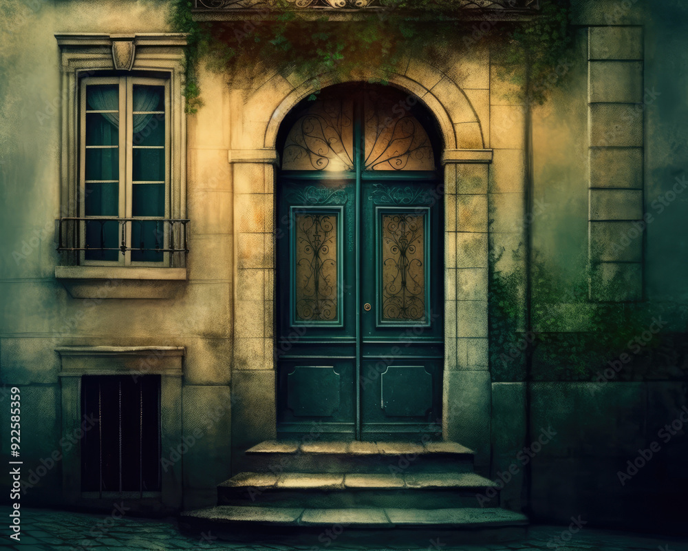 Old Blue Green Wooden Door with Ornate Design in a Picturesque Historical House. Vintage Door, Entrance in Cute Old Building