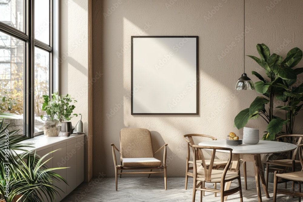 Minimalist Kitchen interior with Poster Mockup created with Generative AI Minimalist Kitchen interior with Poster Mockup created with Generative AI