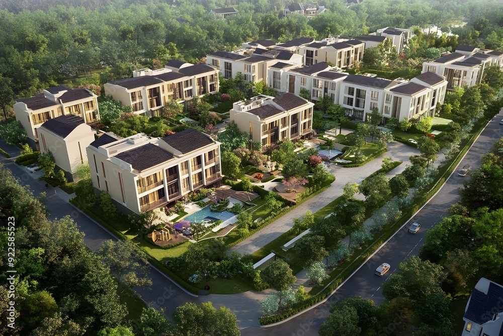 Fototapeta premium Aerial View of a Modern Residential Community with Lush Greenery and a Swimming Pool