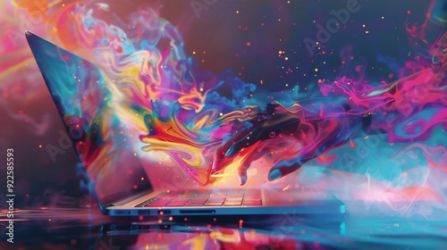 Collage art of a laptop in a female hand, with colorful and abstract concepts flowing out, ideal for a modern design ad.