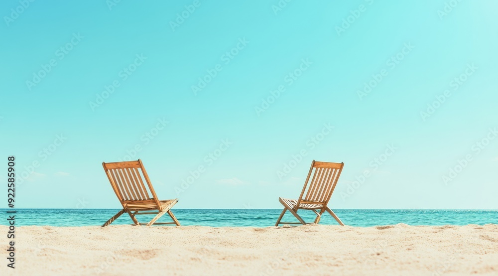 A relaxing beach scene featuring wooden chairs that face the tranquil sea beneath a bright and clear sky A relaxing beach scene featuring wooden chairs that face the tranquil sea beneath a bright and clear sky