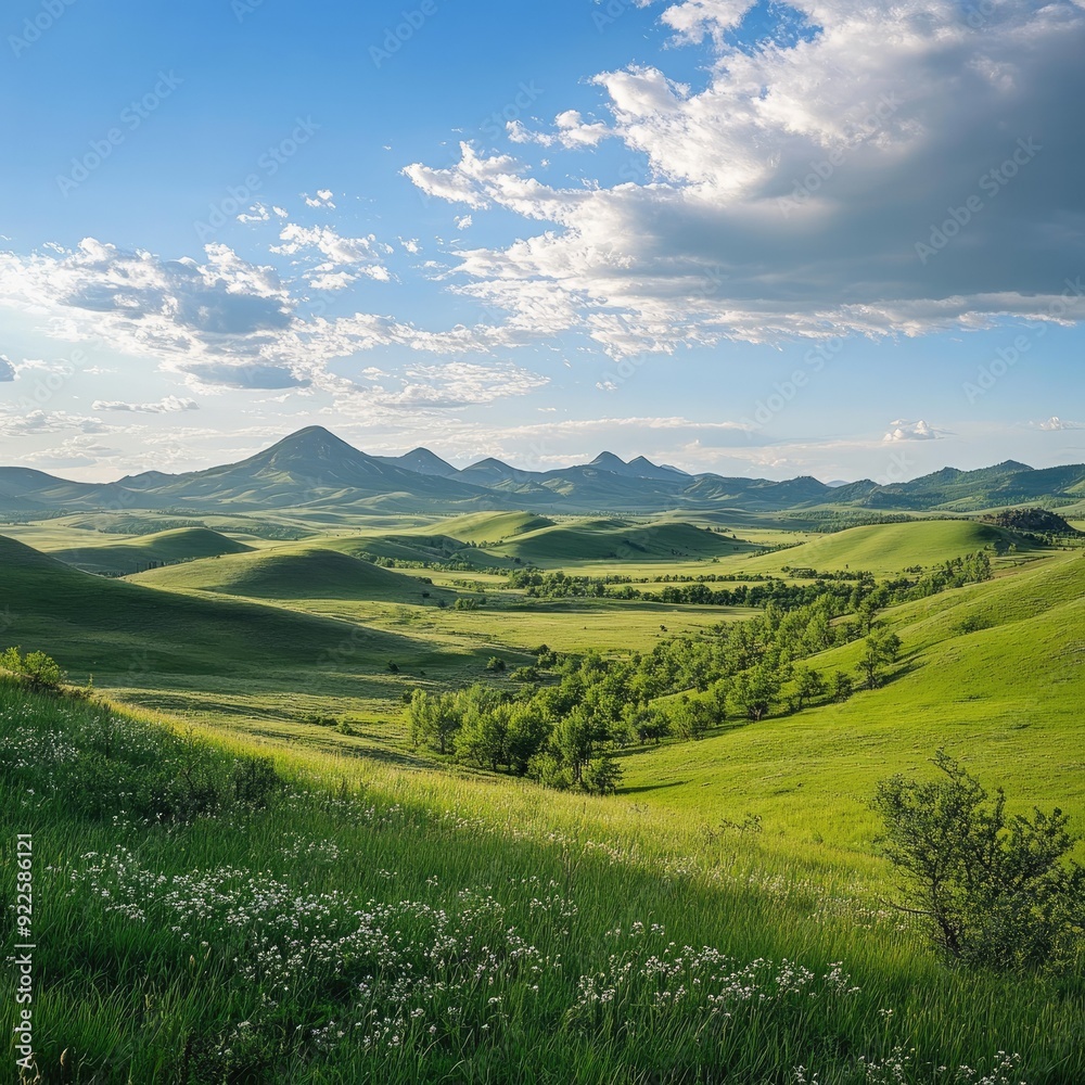 Obraz premium A wide-angle shot of a green savannah, with rolling hills and distant mountains under a bright sky