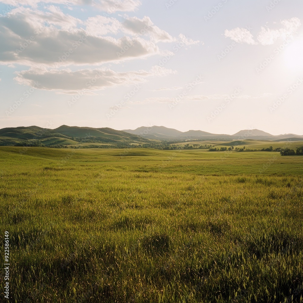 A wide-angle shot of a green savannah, with rolling hills and distant mountains under a bright sky A wide-angle shot of a green savannah, with rolling hills and distant mountains under a bright sky