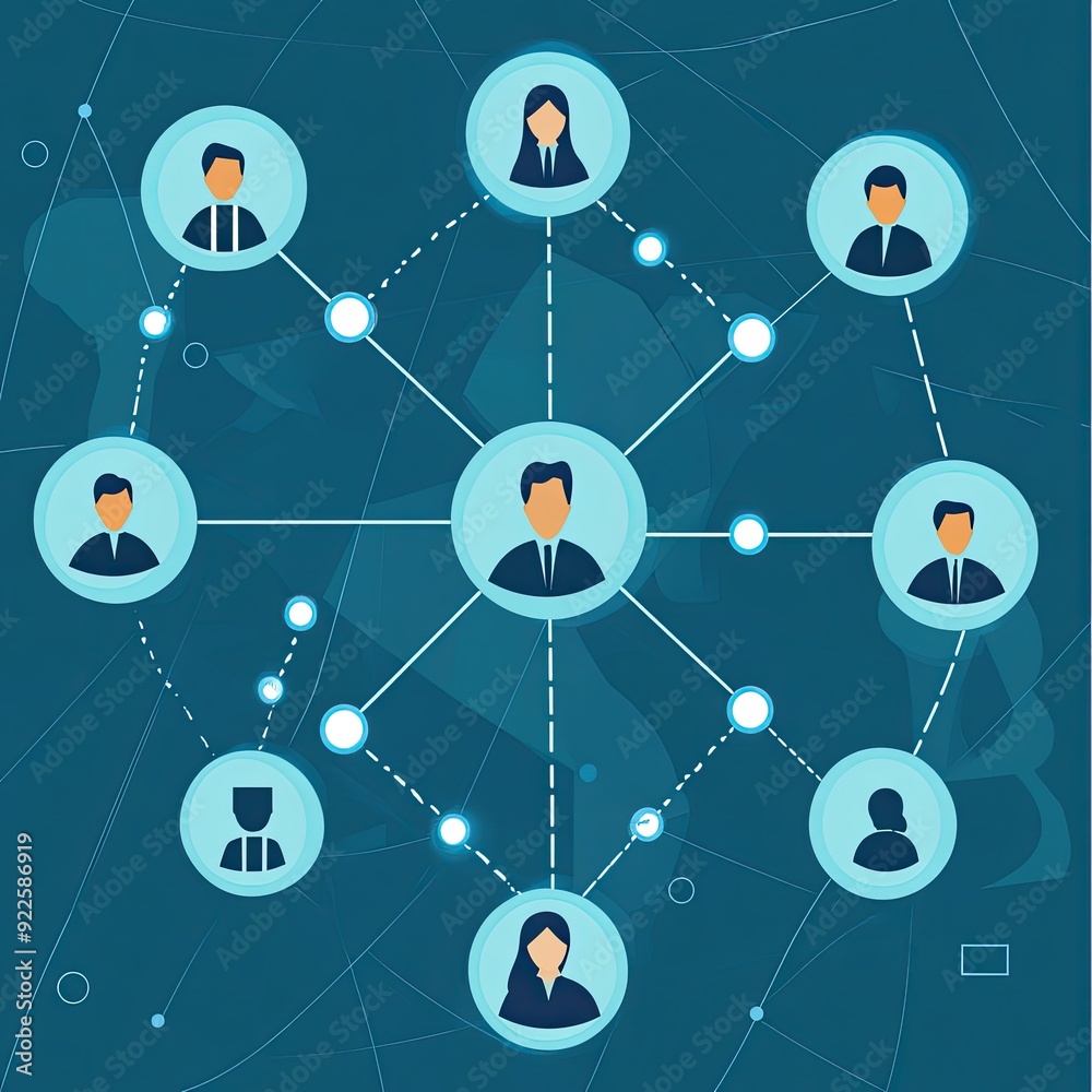 An illustration of recruitment management, with icons of human resources connected by lines symbolizing the global web An illustration of recruitment management, with icons of human resources connected by lines symbolizing the global web