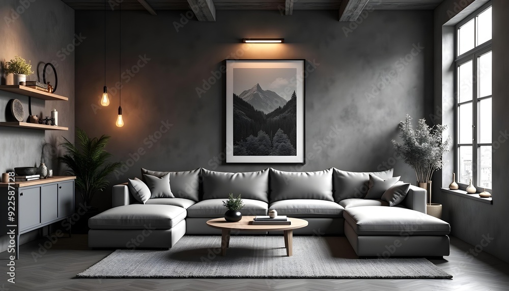 A modern decorated living room with a big couch and paintings on the wall.. A modern decorated living room with a big couch and paintings on the wall..