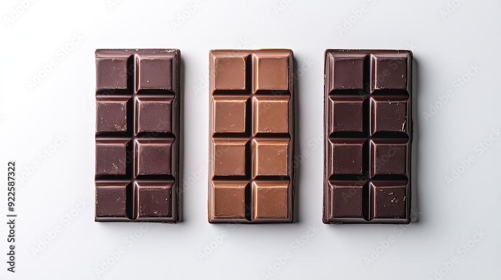 Three chocolate bars laid out on a white background, emphasizing their dark richness against the bright backdrop. Three chocolate bars laid out on a white background, emphasizing their dark richness against the bright backdrop.