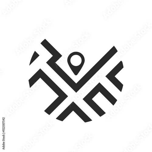 Simple illustration of map with a city street and a marker in a circle. Direction sign. Vector icons in flat style
