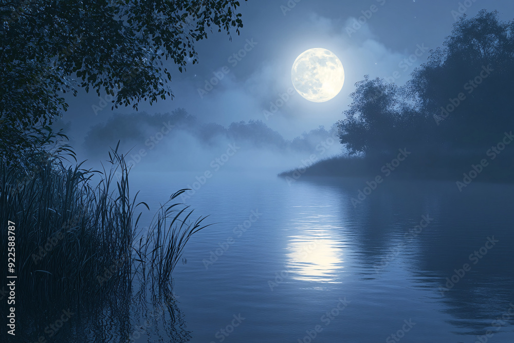 Fototapeta premium A mystical scene with a full moon shining over a foggy river, creating an enchanting and surreal atmosphere. Suitable for themes such as nature, landscape, and fantasy.