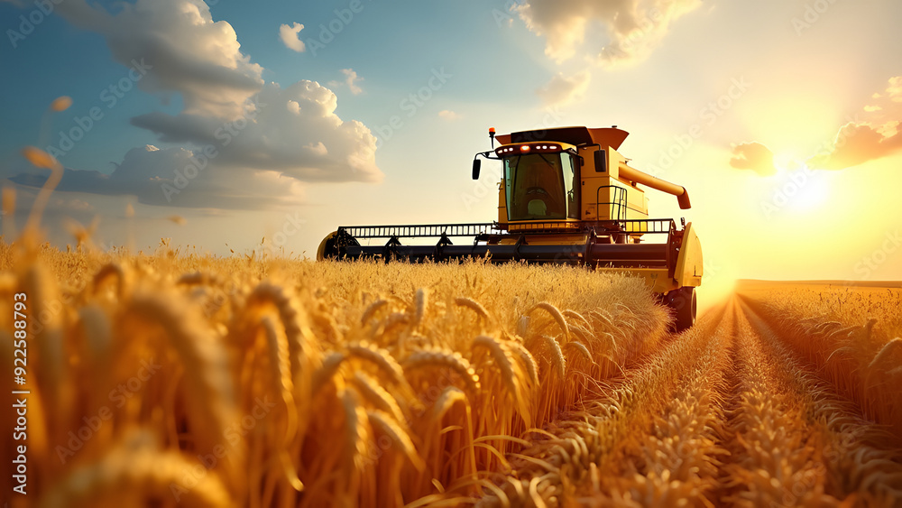 Obraz premium Rotary straw walker cut and threshes ripe wheat grain. Combine harvesters with grain header, wide chaff spreader reaping cereal ears. Gathering crop by agricultural machinery on field on summer season