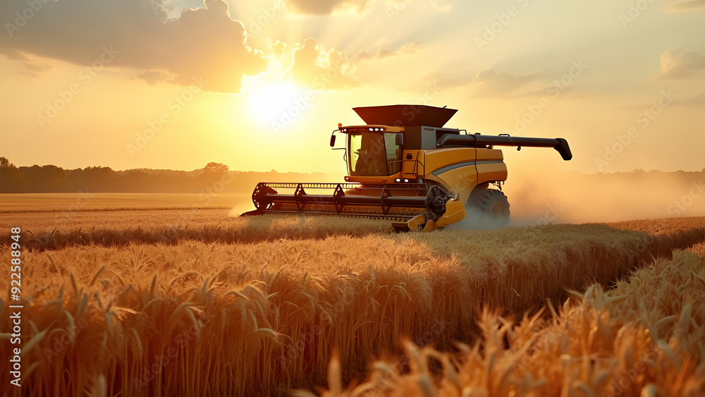 Fototapeta premium Rotary straw walker cut and threshes ripe wheat grain. Combine harvesters with grain header, wide chaff spreader reaping cereal ears. Gathering crop by agricultural machinery on field on summer season