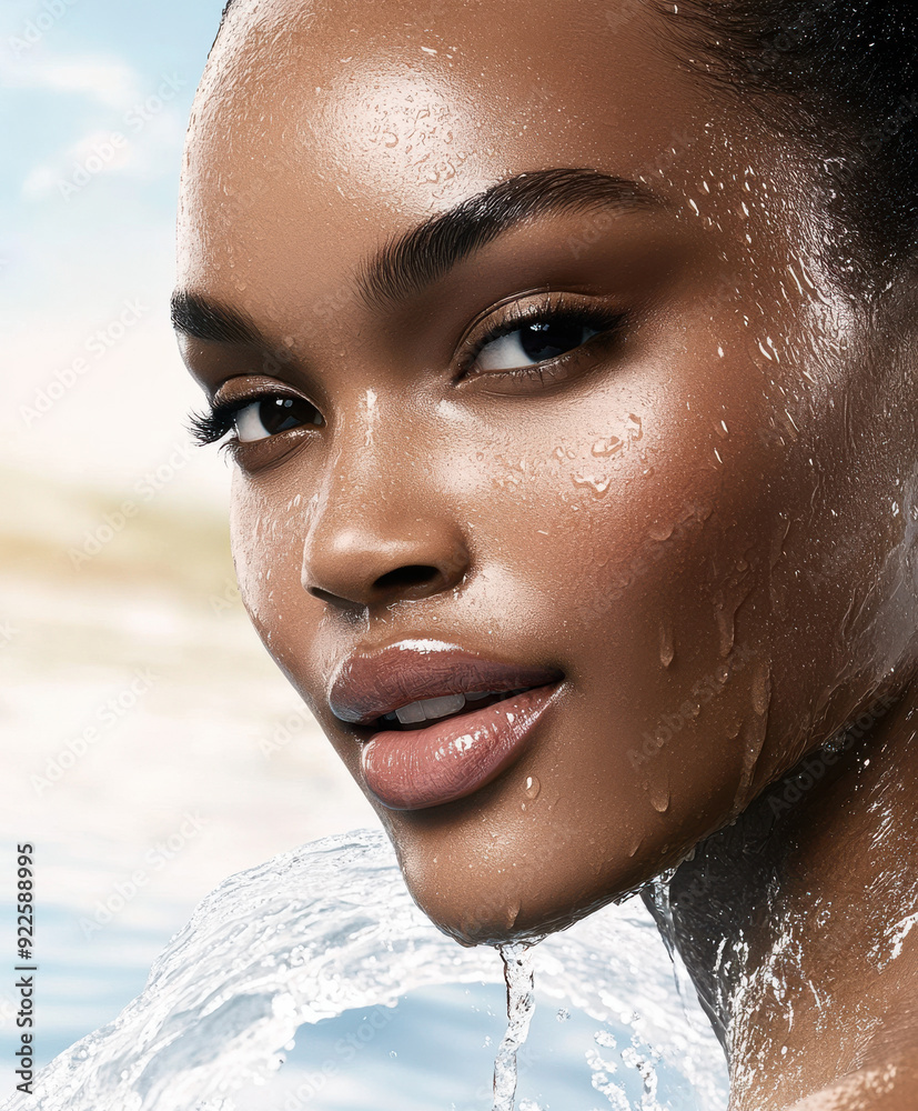 Erfrischendes Beauty-Porträt einer Frau mit Wasser und glänzender Haut, Refreshing beauty portrait of a woman with water and glowing skin Erfrischendes Beauty-Porträt einer Frau mit Wasser und glänzender Haut, Refreshing beauty portrait of a woman with water and glowing skin