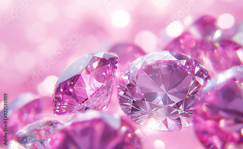 Sparkling pink diamonds on a soft pink surface. photo