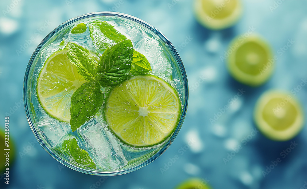 Refreshing lime and mint drink with ice cubes in a glass. Refreshing lime and mint drink with ice cubes in a glass.
