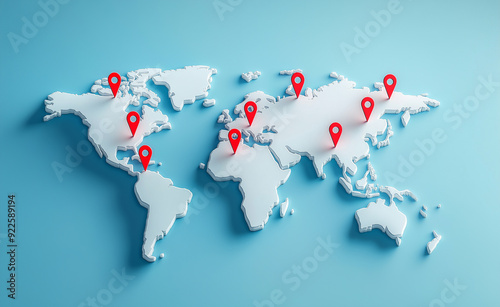 World map with red location pins connected by lines, representing global connections. photo