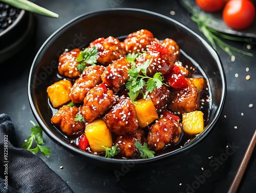 A Sweet and Sour Pork. The most popular Chinese dishes. A popular dish featuring crispy fried pork coated in a tangy sweet and sour sauce with pineapple and bell peppers.