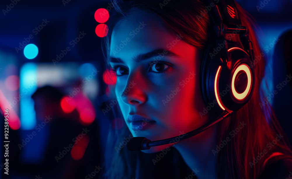 Focused female gamer with headphones illuminated by neon lights. Focused female gamer with headphones illuminated by neon lights.