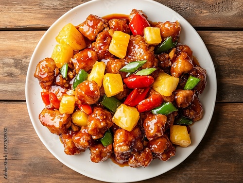 A Sweet and Sour Pork. The most popular Chinese dishes. A popular dish featuring crispy fried pork coated in a tangy sweet and sour sauce with pineapple and bell peppers.