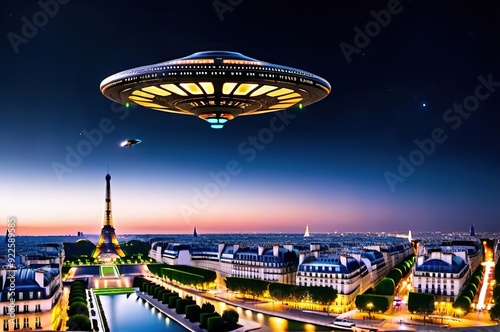 Alien spaceship flies over Paris.