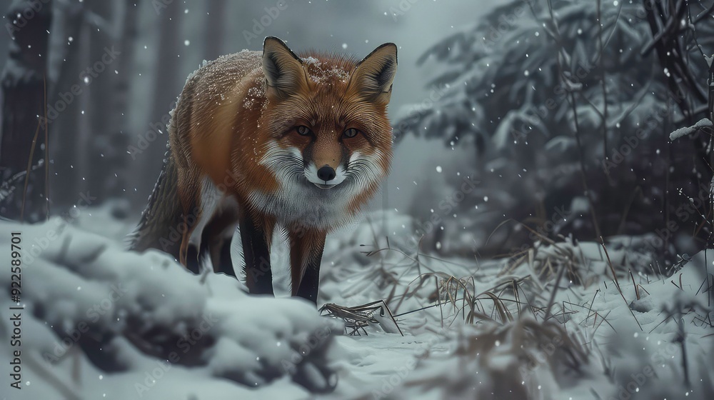 A red fox stands in a snowy forest, its fur covered in snowflakes, looking off to the side. A red fox stands in a snowy forest, its fur covered in snowflakes, looking off to the side.
