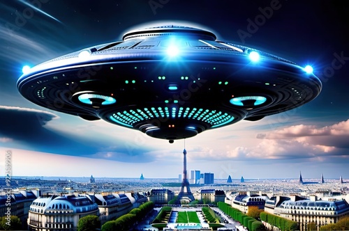 Aliens in a spaceship fly over Paris.