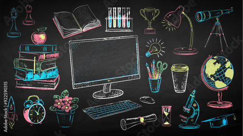 Vector color chalk drawn illustration collection of online education and science items on chalkboard background.