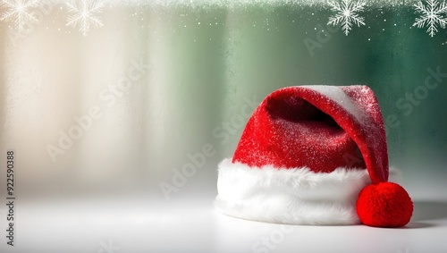 Santa hat dusted with snow on a reflective surface under soft holiday lights