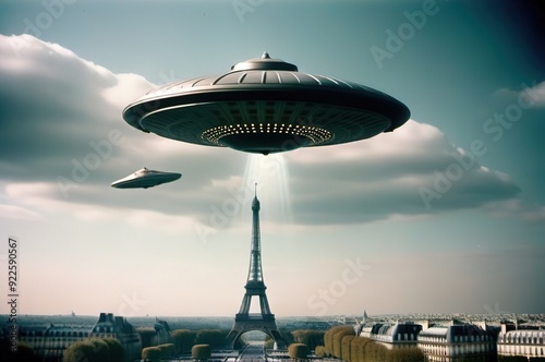 Alien spaceship flies over Paris. Old photos.