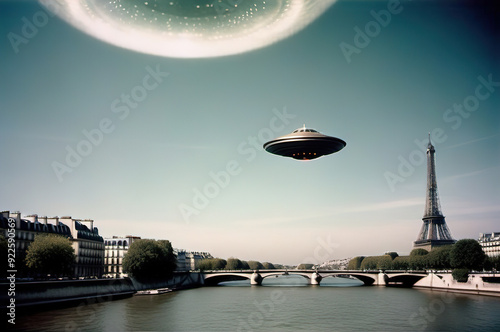 Aliens in a spaceship fly over Paris. Old photos.