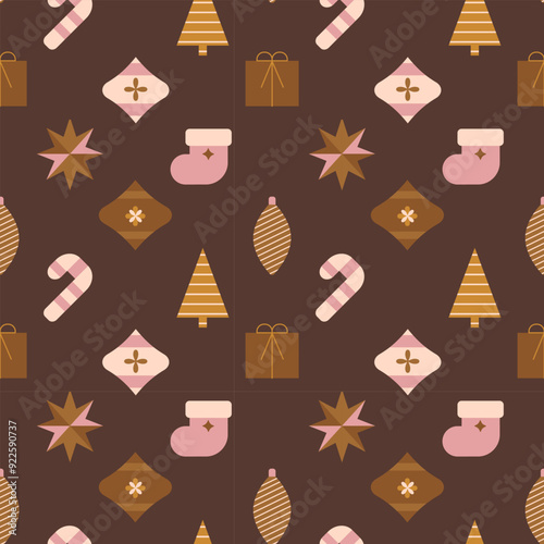 Christmas seamless pattern of geometric Christmas and New Year's elements.Minimalist brown print for Xmas wrapping paper,background.New Year,Christmas wrapping paper concept.Vector illustration EPS 10