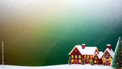 Snow-covered festive houses and trees under soft winter lighting