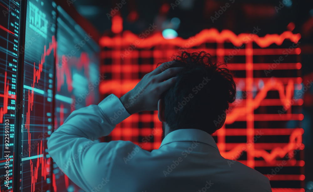 Stressed man looking at declining stock market graphs on a computer screen. Stressed man looking at declining stock market graphs on a computer screen.