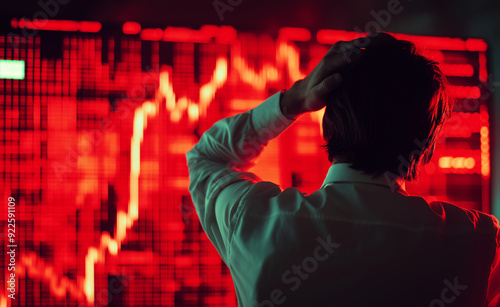 Stressed man looking at declining stock market graphs on a computer screen. photo