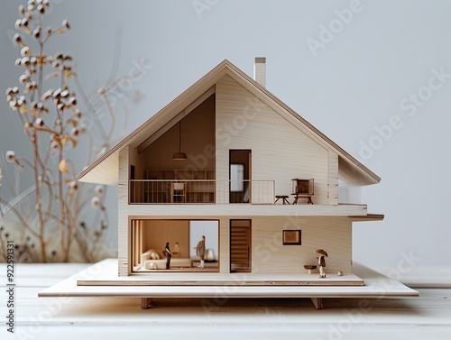 Blank white background, product showcase, toy-sized house with a split-level design, sleek minimal wooden design by MIEDT, prestigious design, contest winner, sharp and clear, no vegetation