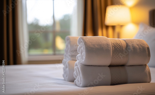 Stack of white towels neatly folded on a bed in a cozy bedroom. photo